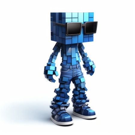 a blue cubelike 3d model with sunglasses, showcasing emphasis on character design, endercore, xbox 360 graphics, and monochromatic sculptor. the full-body sculpture features a lit kid, highlighting the engineering construction and design. ai generatedの素材