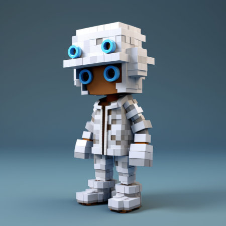 a small 3d white human model, created in the style of pixel art, showcases a retro-futuristic cyberpunk theme. the model features a light brown and sky-blue color scheme, reminiscent of frostpunk aesthetics. vibrant color blocks and subtle shading techniques enhance the overall visual appeal of this installation creator's work. ai generatedの素材