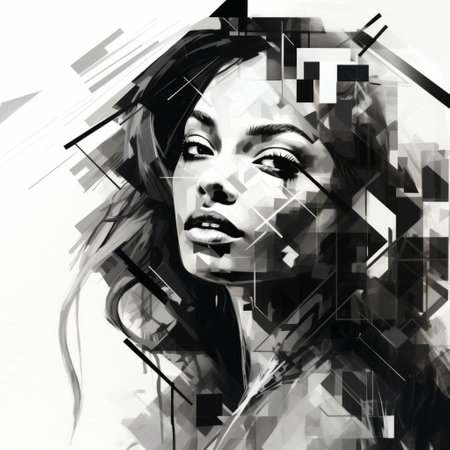 black and white abstract art by martin ansin, featuring jumbled geometric compositions and a mix of realistic and fantastical elements. this uhd image showcases the artist's unique style, reminiscent of anna razumovskaya's fragmented icons. perfect for social media portraiture. ai generatedの素材