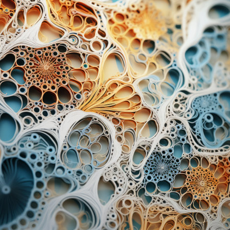 blue and orange flowers, resembling paper sculptures, showcase intricate patterns and organic forms. with a futuristic and elegant touch, these floral arrangements feature muted tones and multilayered dimensions. the cellular formations create an intriguing visual, reminiscent of intricate architectures. ai generatedの素材