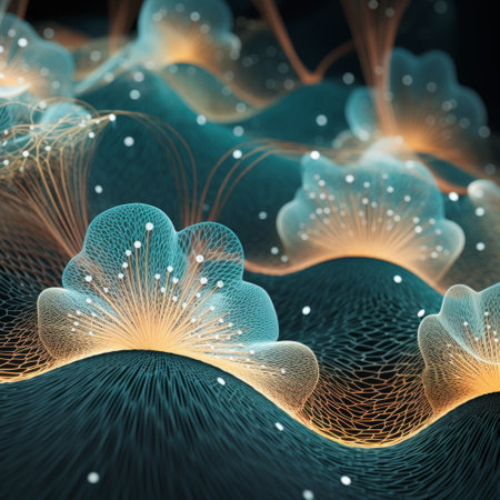 wires with a blue and green light running through them, resembling cellular formations, are depicted in this image. the delicate flowers in light gold and orange hues create a futuristic chromatic wave. the artwork, created by mandy disher, showcases elegant and intricate patterns in shades of dark gray and light cyan. ai generatedの素材