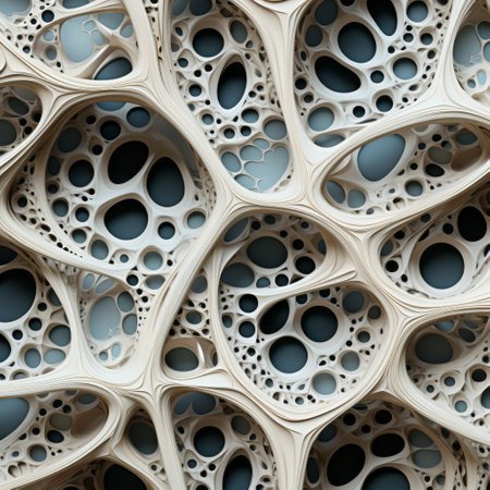 a white ceramic tile featuring a pattern of holes inspired by organic biomorphic forms. this realistic and hyper-detailed rendering resembles paper sculptures, dusty piles, intricate webs, and colorful layered forms. perfect for adding a unique touch to any space, this tile design is reminiscent of vibrant wallpaper patterns. ai generatedの素材