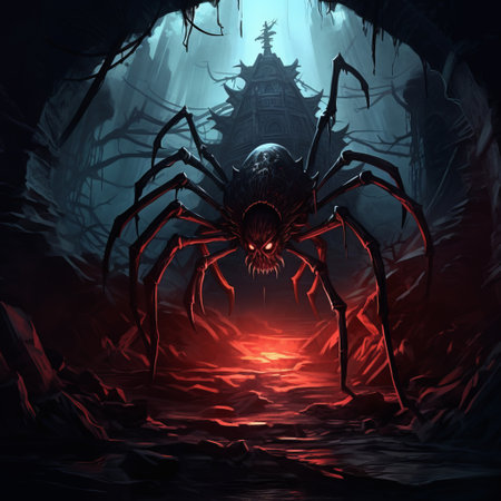 a creepy spider crawls amidst the rocks in this speedpainting-style photo. the dark crimson hues and energy-filled illustrations create a haunting atmosphere. the image combines elements of dansaekhwa, cabincore, intricate underwater worlds, and horror academia, resulting in a captivating and eerie composition. ai generatedの素材