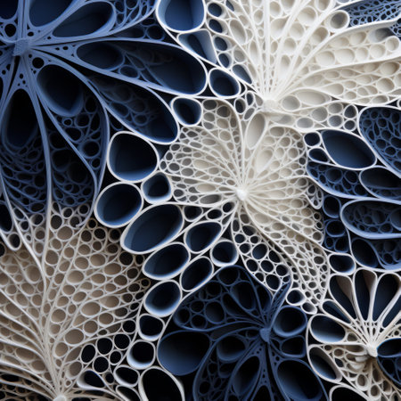 a handmade fractal sculpture in dark white and blue colors, featuring intricate joints and connections. this unique piece of bio-art showcases detailed crowd scenes and is inspired by the sculptural paper constructions of artist ray collins. the sculpture is surrounded by dusty piles, adding to its organic and textured aesthetic. ai generatedの素材
