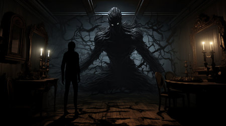 a terrified william stands in front of a distorted mirror, surrounded by moving shadows. their eyes wide with fear, they raise their arms in terror. a monstrous shadow looms in front of them, constantly changing shape. trapped and alone, william is lost in a nightmare world. the image, inspired by tim walker's dark compositions, features a dark color palette and a wide-screen format to immerseの素材