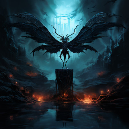 a dragon creature, reminiscent of gothic darkness, is captured in this 8k resolution photo. it stands tall as it soars above a rock, exuding an ominous vibe. the image draws inspiration from the works of anton fadeev and eric wallis, with skeletal and fairy tale illustration elements merging seamlessly. ai generatedの素材