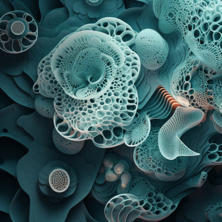 a photo showcasing a mesmerizing piece of fractal art and digital design. this 3d rendering, created using cinema4d, features virtual reality art with a unique blend of dark turquoise and light beige tones. inspired by marine biology, the artwork displays intricate cellular formations and layered fabrications. the unconventional materials used in this creation result in tactile surfaces that captivate the viewer. ai generatedの素材