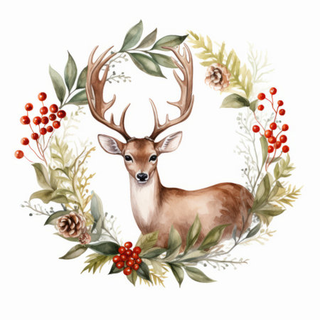 deer illustration featuring natural branches and leaves, resembling realistic watercolor paintings. the artwork exudes a festive atmosphere with vibrant emerald and crimson hues, complemented by shades of gray and brown. this stunning illustration captures the beauty of rural life, showcasing the intricate details of nature's elements. ai generatedの素材