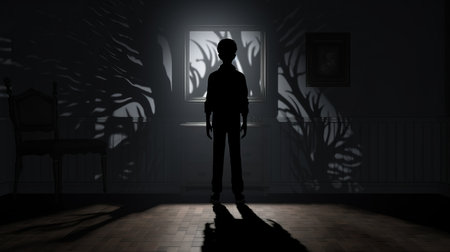 frank trapped in a nightmare world, their figure distorted by moving shadows. wide-eyed with terror, arms raised in fear. a monstrous shadow looms, changing and twisting. shot from an off-center angle, frank and the monster in sharp focus. dark and sinister color palette, dominated by blue and purple hues. inspired by tim walker's art direction, presented in wide-screen format for immersive experience. ai generatedの素材