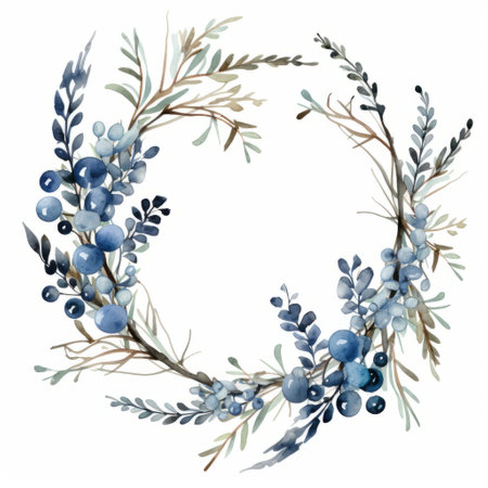 a watercolor blueberry lilac wreath in a white frame with floral branches, featuring a dark azure and dark aquamarine color scheme. the wreath incorporates light blue and dark beige elements, using organic materials such as intertwining dark azure and silver accents. this festive piece is inspired by folklore, creating a vibrant and enchanting atmosphere. ai generatedの素材