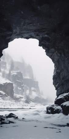 a mesmerizing cave in iceland, surrounded by the snowy mountains of kjelsfossen road to the cho oyu. this captivating photo captures the beauty of nature with a touch of minimalist typography. the rushmore-esque symmetrical arrangement adds a grandeur feel, reminiscent of gothic literature themes. the animated gifs style and the use of tamron lenses enhance the overall aesthetic of this stunning image. ai generatedの素材