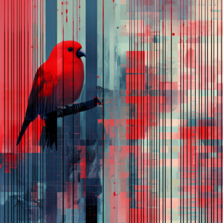 a red bird perches on a street corner in this glitch art-inspired digital illustration by clayton crain. the minimalistic abstract composition showcases detailed background elements, created by artists mandy disher and anton fadeev. ai generatedの素材