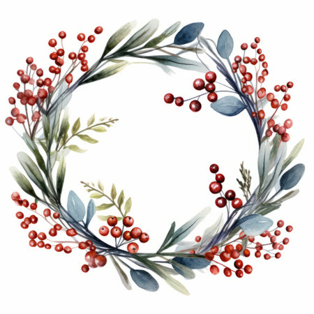 christmas wreath with green berries on a white background. the wreath is designed in the style of light maroon and dark indigo, with accents of light gray and light blue. the soft watercolor technique adds a natural and artistic touch. the wreath features a nature-inspired imagery with a combination of white and red elements. it is made using a daguerreian process. ai generatedの素材