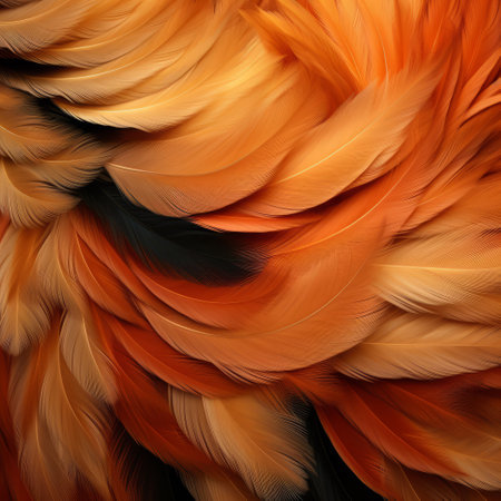 colorful orange and black feathers fill the sky in this close-up photo, reminiscent of the style of zbrush. the warm color palette, inspired by the works of serge marshennikov, showcases vibrant curves and intricately textured details. olivier valsecchi's influence can be seen in the realistic color palette, creating a visually stunning composition. ai generatedの素材