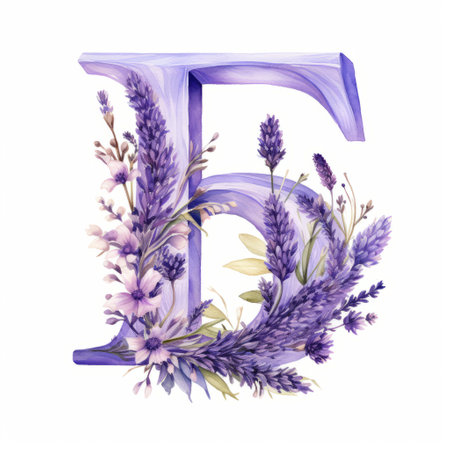 a handmade watercolor letter "e" featuring a flower alphabet design, adorned with lavender. this realistic style artwork incorporates fantasy elements, dynamic lettering, and draws inspiration from artists like franciszek starowieyski and jean fautrier. the piece showcases naturalistic depictions of flora and fauna, along with realistic landscapes painted in soft, tonal colors. the bold lettering adds a striking touch to the overall composition. ai generatedの素材