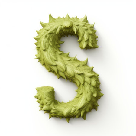 a green leaf letter "s" created using zbrush software. the design features sharp and prickly edges, with a whimsical yet eerie animal symbolism. the explosive pigmentation adds a vibrant touch to the overall look. this realistic and detailed artwork is showcased on a white background, perfect for a website. ai generatedの素材