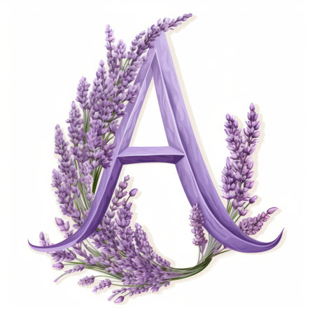 the lavender vector letter "a" stands out against a clean white background. this elegant and modern design is perfect for adding a touch of sophistication to any project. the soft purple hues of the lavender merge seamlessly with the simplicity of the white background, creating a visually appealing and versatile image. ai generatedの素材