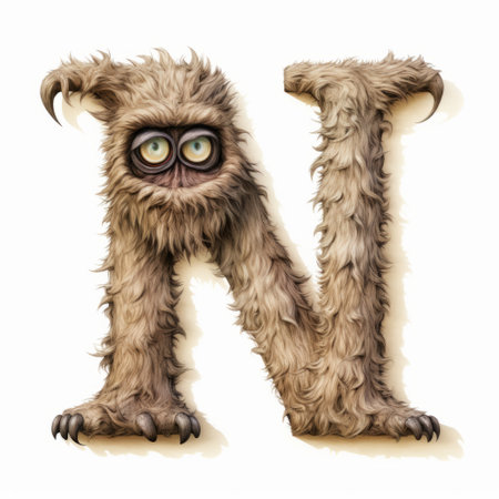 the photo features a humorous caricature-style letter "n" with a black furry cover. created using zbrush, it showcases realistic animal portraits with light beige and brown tones. the design has elements of junglepunk and includes shiny eyes reminiscent of necronomicon illustrations. ai generatedの素材