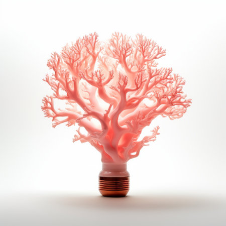 an led bulb resembling a coral tree is captured in this conceptual realism-style photograph. the light red hue of the bulb evokes the intricate underwater worlds found in coral reefs. against a white background, the image is solarized, adding a touch of youthful energy. this captivating photo is reminiscent of the artistic style of q hayashida. ai generatedの素材