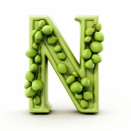 vines in grapes create a vibrant green letter "n" on a clean white background. this unique artwork, rendered in cinema4d, showcases a striking juxtaposition of objects. the explosive pigmentation and realistic attention to detail bring this dynamic lettering by nelleke pieters to life. ai generatedの素材