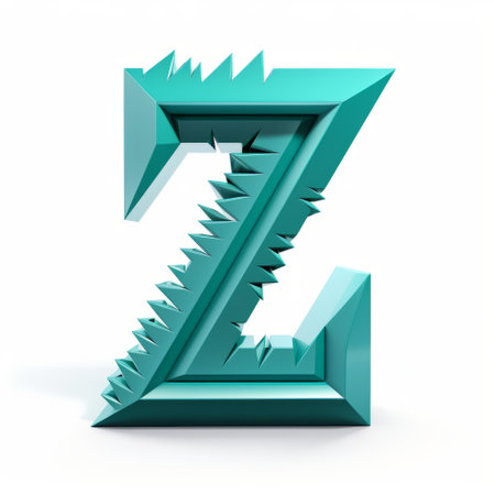 a 3d model of the letter z with jagged edges, featuring a striking digital surrealism style. the model is sculptural in expression, with a light teal color. it showcases zone focusing and carving techniques, with superimposed text adding an additional layer of visual interest. ai generatedの素材