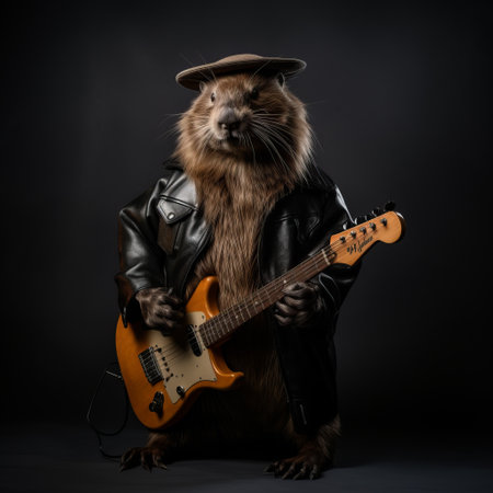 a beaver holding a guitar is captured in this stock photo, inspired by the style of peter coulson. the image showcases a pop-culture-infused concept, with the beaver donning an elaborate costume. this high-definition photo depicts animals in a unique and creative way, blending elements of hip-hop culture. perfect for projects related to music, fashion, or artistic expression. ai generatedの素材