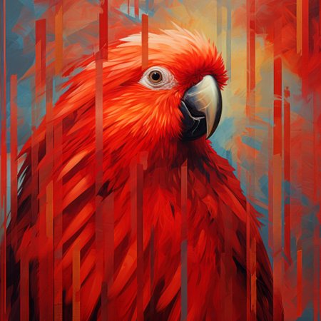 a vibrant red parrot perched gracefully on a crimson field, showcasing the artistic style of artgerm. this hyper-detailed portrait captures the essence of the parrot's beauty, with influences from anton fadeev's geometric animal figures. the lush brushstrokes bring the artwork to life, while elements of voxel art and graffiti-inspired animals add a unique touch to this captivating piece. ai generatedの素材