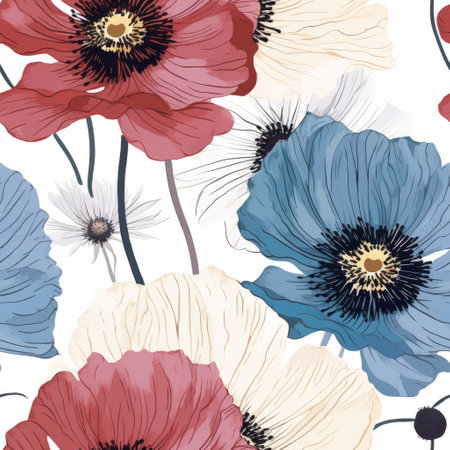 red, white, and blue flowers bloom vibrantly on a pristine white background. this botanical illustration showcases intricate details, capturing the texture of fur and feathers with precision. the dark teal and beige hues complement the fine lines and delicate curves, resulting in a realistic depiction. light yellow, light blue, light crimson, and gray add subtle yet captivating touches to the composition. ai generatedの素材