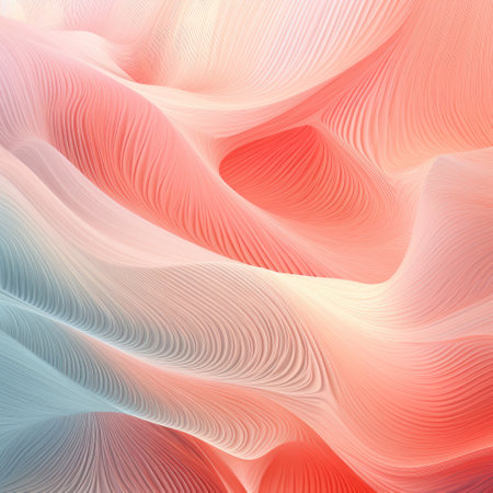 an abstract photo featuring a surreal 3d landscape with ripples and wave patterns in light red and light blue. the composition showcases futuristic chromatic waves and vibrant color gradients, while also incorporating organic nature-inspired forms. attention to detail is evident in the texture of fur and feathers, adding depth to the overall image. ai generatedの素材