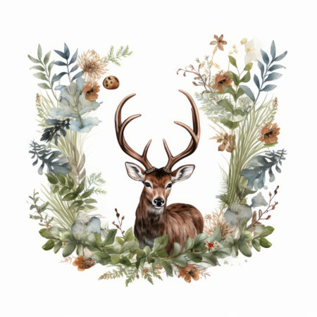 a deer head is beautifully depicted in a watercolor painting, surrounded by a vibrant wreath of flowers and trees. the dark green and light brown hues create a captivating contrast. this high-quality, uhd image showcases nature-based patterns and features anthropomorphic animals. captured with a minolta riva mini, this photo is a stunning representation of art and nature. ai generatedの素材