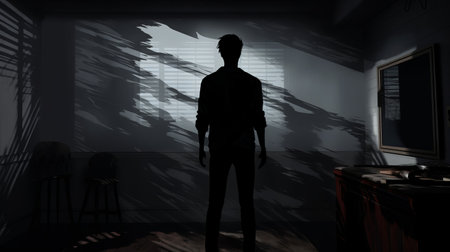 a terrified christopher stands in front of a distorted mirror, surrounded by moving shadows. their wide eyes and raised arms convey fear as a monstrous shadow looms before them. trapped and alone, christopher is lost in a nightmare world. the off-center angle captures the sharp focus of the christopher and the monster, while the room remains blurred. the dark color palette and ominous score intensifyの素材