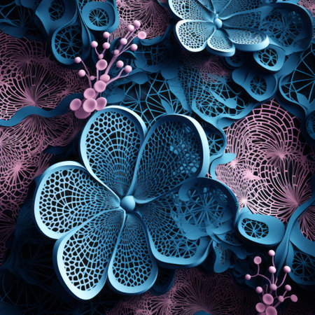 a floral art piece in the style of dark blue and light aquamarine, featuring interlocking structures and intricate embellishments. the photorealistic detail showcases pink and indigo flowers against a detailed background, reminiscent of the works of francois schuiten. this captivating design merges floral design with architectural elements, creating a visually stunning composition. ai generatedの素材