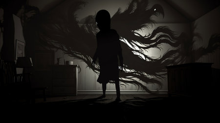 a terrified mark, their figure distorted by moving shadows, stands in front of a large mirror in a dimly lit room. wide-eyed and with raised arms, they are trapped and alone. a monstrous shadow looms in front of them, constantly changing and twisting. shot from an off-center angle, the mark and the monster are in sharp focus, while the rest of the room is blurred.の素材