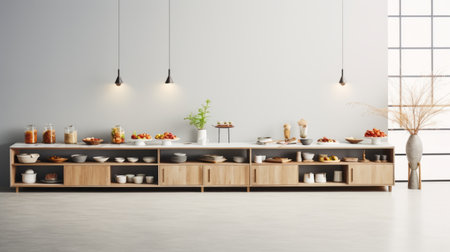 a minimalist-style restaurant featuring dining tables adorned with bowls of fresh vegetables and fruits. the light gray background adds to the minimalistic japanese aesthetic. this 32k uhd photograph captures a kitchen still life, showcasing mundane materials in a cabincore setting. ai generatedの素材