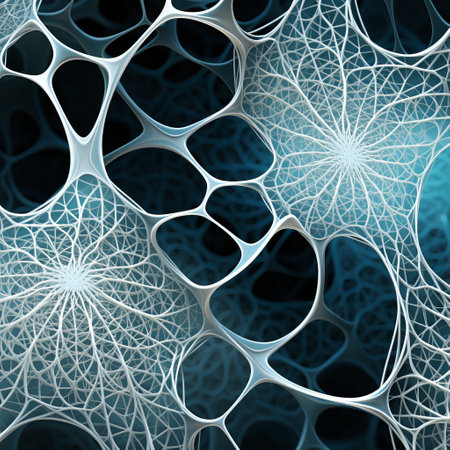blue cellular formations on a black background create a complex pattern. lifelike renderings of intricate webs with dark white and light cyan hues give a three-dimensional effect. the focus is on the joints and connections, resembling organic biomorphism. ai generatedの素材