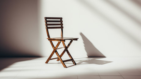 wooden chair illuminated by a bright light in a white room. this captivating image, reminiscent of carl zeiss distagon t 15mm f28 ze lens style, showcases relatable personality and backlit photography. the orderly symmetry and use of common materials create a visually appealing composition. perfect for outdoor scenes, the chair's warm brown tones add a touch of natural beauty. ai generatedの素材