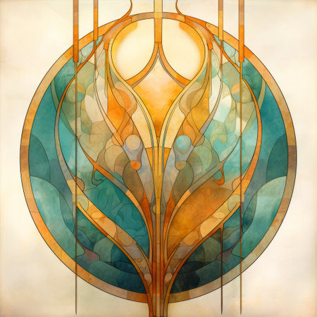an art deco art gallery showcasing the reimagined religious art of aminollah rezaei. the artwork features precisionist lines and shapes, reminiscent of the organic art nouveau style. the light turquoise and amber color palette adds a stained glass effect to the pieces, creating a visually captivating experience. explore the captivating world of art deco at this gallery. ai generatedの素材