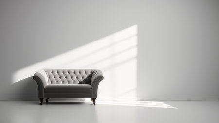 isolated chair in a white room with sunlight streaming through the window. this 3d rendering, inspired by the style of alex timmermans, features a light gray, luxurious chair against a minimalist background. the use of silhouette lighting adds a touch of post-minimalism, reminiscent of the works of charles addams. ai generatedの素材