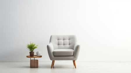 a light gray mid-century modern chair is placed in front of an empty wall, showcasing minimalist backgrounds. the chair exudes a comfycore vibe with its soft mist color and use of fabric. the overall aesthetic is stark and unfiltered, capturing the essence of modern design. ai generatedの素材