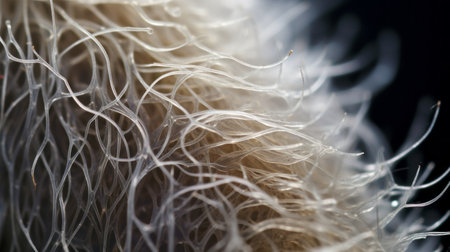 a close-up photo capturing the intricate details of a white hairy skin, reminiscent of art nouveau organic forms. shot with a canon ts-e 17mm f4l tilt-shift lens, this image showcases the unique style of artists like patrick dougherty, new american color photography, nacho carbonell, flora borsi, and reefwave. ai generatedの素材