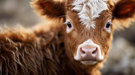 a brown and white cow, captured in a narrative-driven visual storytelling style, gazes directly at the camera. this stunning 32k uhd photograph, taken by national geographic, showcases the cow's captivating presence. with its orange hues and sterling silver highlights, this macro photography piece adds a touch of babycore aesthetic to the scene. ai generatedの素材