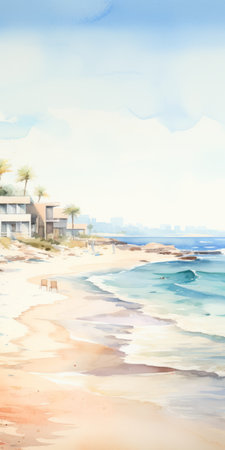 serene beach artwork featuring a simple abstract watercolor technique. this minimalistic piece showcases neutral colors, creating a calming atmosphere. the final image is in stunning 8k uhd resolution, capturing every intricate detail of the artwork. ai generatedの素材