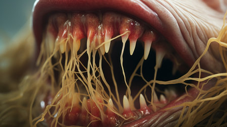 close-up photo of a large mammal with gnarled teeth, resembling monsters of hell. the image, captured in the style of carl kleiner, showcases microscopic views reminiscent of david ligare's work. this national geographic photo is composed of intertwining vines, creating a unique and eerie visual. tooth wu's artistic touch adds a touch of soggy mystery to the composition. ai generatedの素材