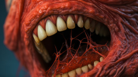 a close-up animation of a big monster's mouth, featuring hyperrealistic still life style. the photo showcases realistic detailing with red threads and is captured using a topcor 58mm f14 lens. this national geographic photo depicts a photorealistic urban scene, incorporating elements of smilecore. ai generatedの素材
