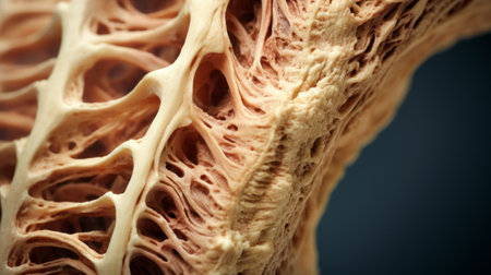 a human bone with internal walls is captured in this image, showcasing meticulous detailing and texture-rich layers. the focus stacking technique brings out the intricate features of the bone, which is bathed in a combination of light brown and navy hues. developed using the caffenol method, this rounded bone is beautifully highlighted with a iso 200 setting. ai generatedの素材