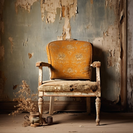 an abandoned chair sits in an old house, its worn texture and faded colors reminiscent of a bygone era. the chair, in a style of light orange and dark gold, stands out against the textured backgrounds of the eroded interiors. this photograph, captured by petrina hicks, exudes raw authenticity and is reminiscent of the works of godfrey kneller. the combination of light indigo and yellowの素材