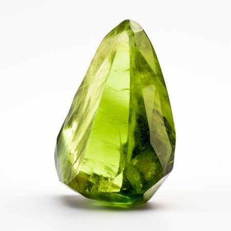 a green gemstone, in the style of focus stacking, is showcased on a white background within a white frame. the gemstone exhibits hues of light yellow and light maroon, creating a captivating visual contrast. inspired by the works of ron arad and hercules seghers, this composition features sharp angles and a monochromatic color scheme, highlighting the beauty of glass as the primary material. ai generatedの素材