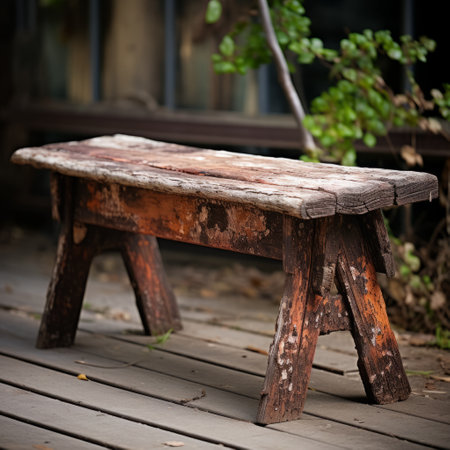 an old bench sits on a deck in front of a big house, showcasing a pulled, scraped, and scratched style reminiscent of ancient chinese art. the artwork exudes an abrasive authenticity, achieved through the heavy use of palette knives. captured with a konica big mini, the image also features rusty debris and staining, adding to its unique charm. ai generatedの素材