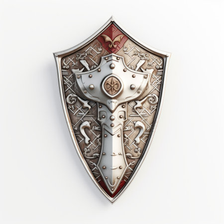 a highly detailed, artistic style steel armor shield is showcased on a white background. the shield features a light white and crimson color scheme, exuding a sense of realism and naive charm. with elements of scoutcore, the shield incorporates light silver and beige tones, reminiscent of the dau al set style. it also incorporates religious symbolism, adding depth to its overall design. ai generatedの素材