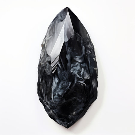 a black crystal, resembling a gemstone, is placed on a white surface. this hyperrealistic sculpture, inspired by dansaekhwa and sculptural surrealism, showcases elongated and foreboding dark colors. the large-scale piece exudes an intriguing and mysterious aura. ai generatedの素材